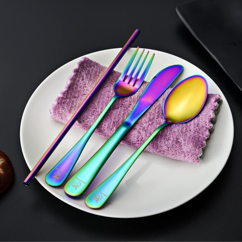 Boulder Bee | Travel Utensils Set | Reusable Camping Cutlery Set | Stainless Steel Flatware Set | Portable Silverware Set with Case | Includes Knife/Fork/Spoon/Straw/Cleaning Cloth/Case (Rainbow) - Image 4